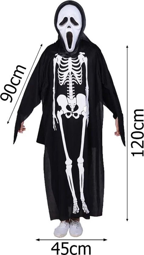 Persoon in zwart skelet kostuum met Scream-masker, maat 90cm (mouwen) x 120cm (lengte).