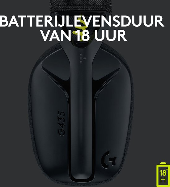 Détail du casque G435 noir, avec accents vert lime et 18h d'autonomie.