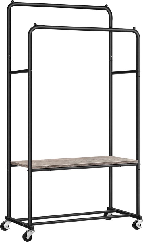 IN-HOMEXL Orbite - Kledingrek op wieltjes - Kledingrek metaal - Kledingrek Hout - Kledingrek dubbel - Grijs/Zwart - 156cm x 84 cm x 45cm