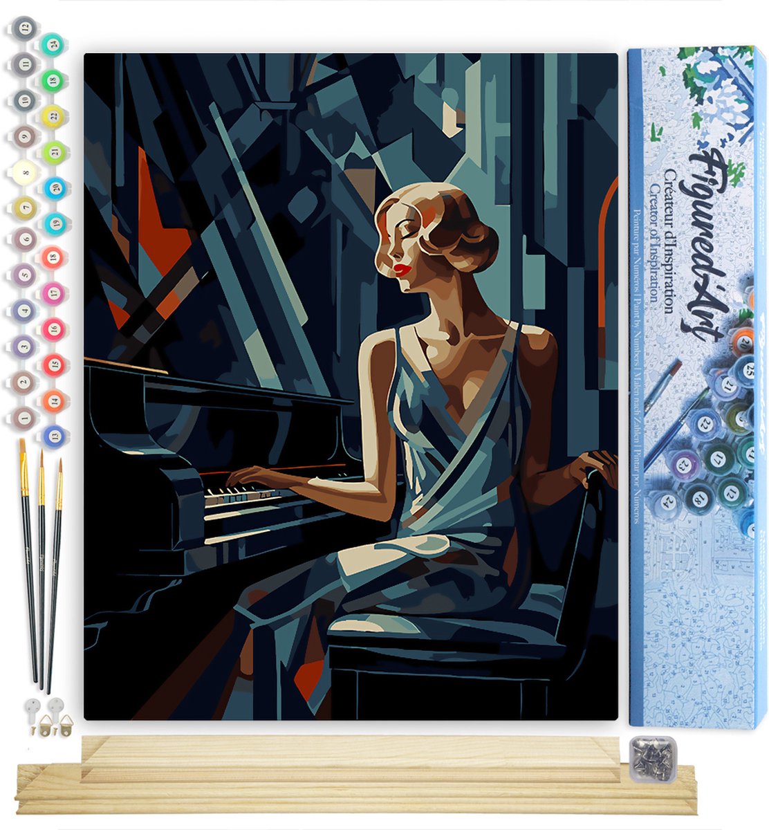 Figured'Art Schilderen op Nummer Volwassenen canvas Art Deco Vrouw aan een Piano- Handwerk acrylverf Kit DIY Compleet - 40x50cm met DIY houten lijst