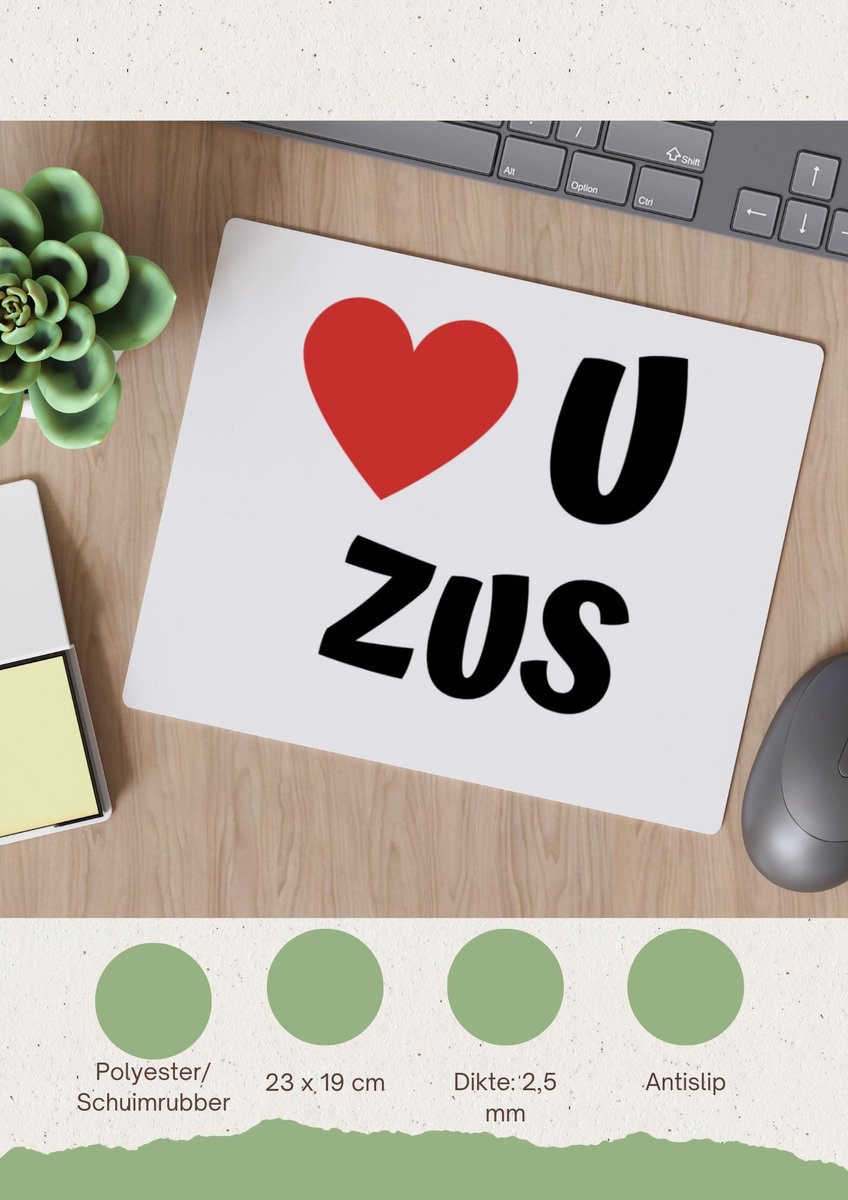 Akyol - love u zus Muismat - Zus - de liefste zus - verjaardag - cadeautje voor zus - zus artikelen - kado - geschenk - 23 bij 19 cm