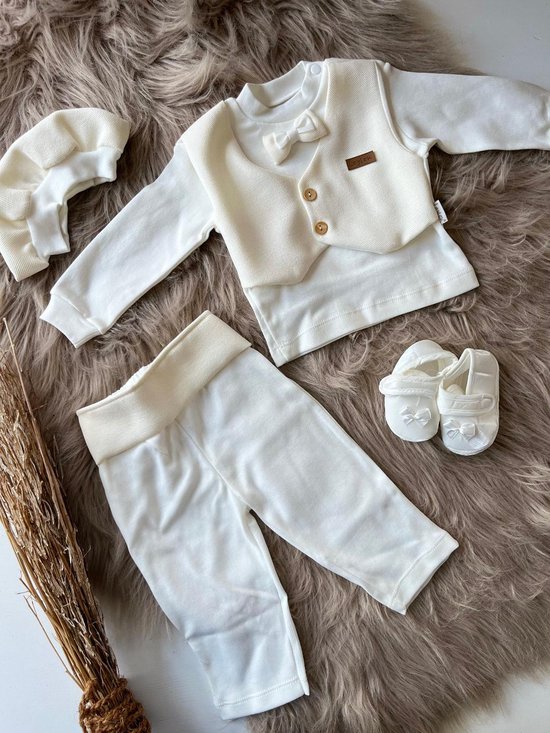 Ensemble 4 pièces - Costume Bébé - costume bébé garçon - costume de baptême - chaussures de baptême - cadeau maternité - nouveau né - mariage - séance photo - baby shower - baptême - taille 56/62 de la naissance à 3 mois - coton - couleur crème