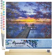 Figured'Art Schilderen op Nummer Volwassenen canvas Ponton bij zonsondergang - Handwerk acrylverf Kit DIY Compleet - 40x50cm met DIY houten lijst
