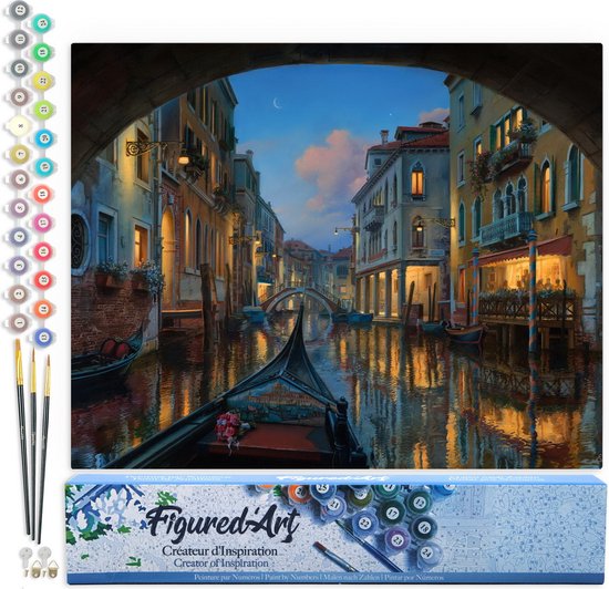 Figured'Art Schilderen op Nummer Volwassenen canvas Bezoek aan het kanaal van Venetië - Handwerk acrylverf Kit DIY Compleet - 40x50cm zonder frame