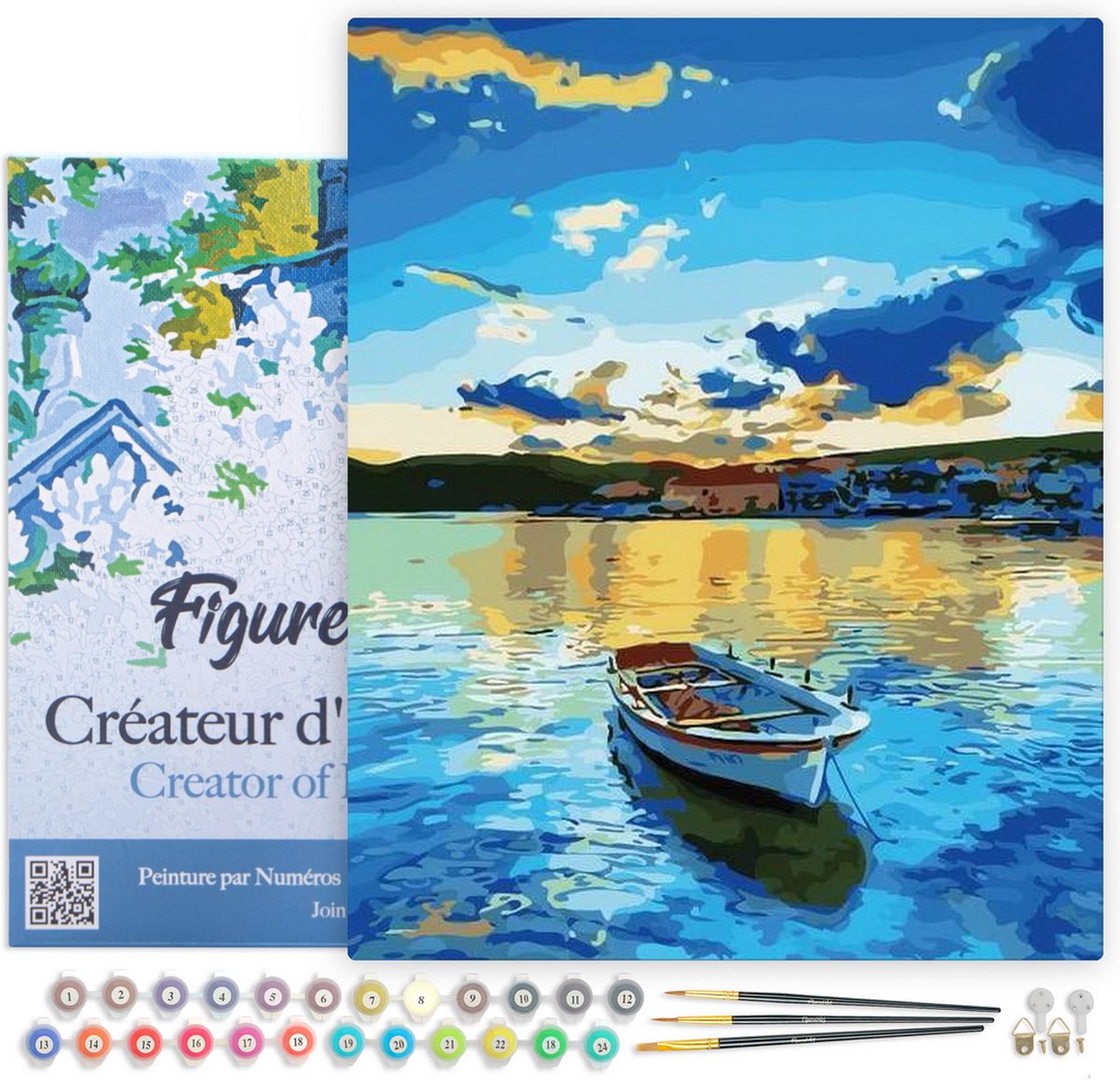 Figured'Art Schilderen op Nummer Volwassenen met lijst - Kleine boot bij zonsopgang - Handwerk acrylverf Kit DIY Compleet - 40x50cm Canvas al ingelijst