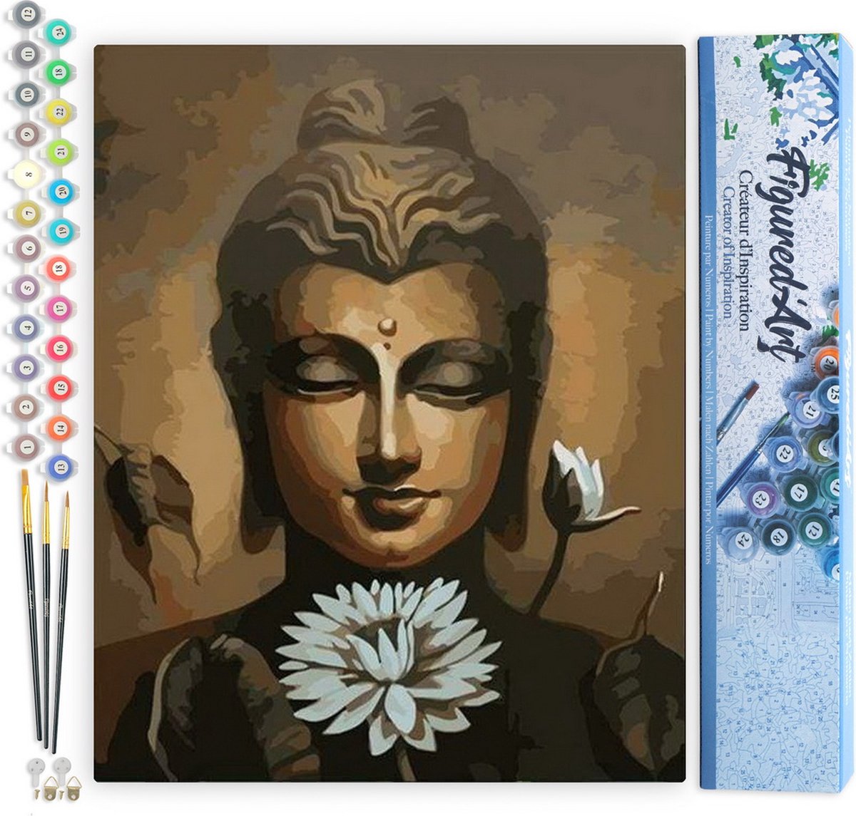 Figured'Art Schilderen op Nummer Volwassenen canvas Gezicht van Boeddha en Lotusbloem - Handwerk acrylverf Kit DIY Compleet - 40x50cm zonder frame