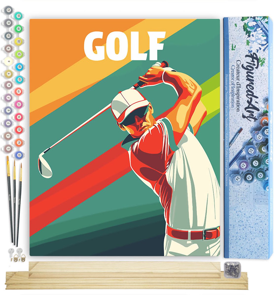 Figured'Art Schilderen op Nummer Volwassenen canvas Sportaffiche Golf- Handwerk acrylverf Kit DIY Compleet - 40x50cm met DIY houten lijst