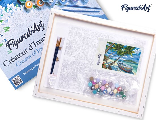 Kit de peinture complet avec toile numérotée, pots de peinture, 3 pinceaux et un exemple.