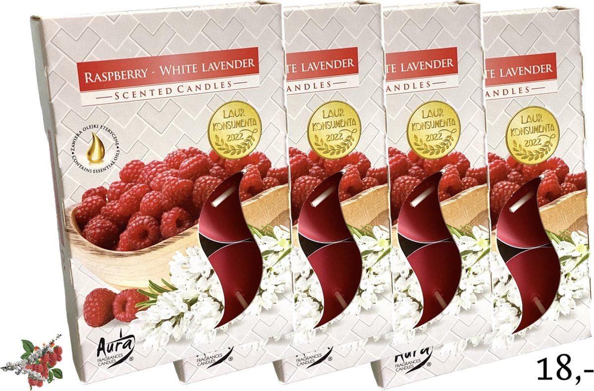 Waxinelichtjes - 'Raspberry White Lavender' - Framboos Witte Lavendel - Theelichtjes - Geurwaxinelichtjes - Geurtheelichtjes - Geurend - Bloemen - Bloemengeur - Fruit - Fruitgeur - Fruitig - Zoet - 4 Branduren - Rood - Geschenk - Cadeautje - Kado