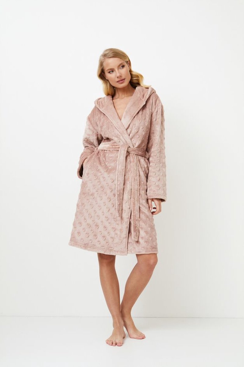 Oudroze dames badjas met hartjes-capuchon-zacht & warm-luxury bathrobe-cadeauverpakking-maat XL