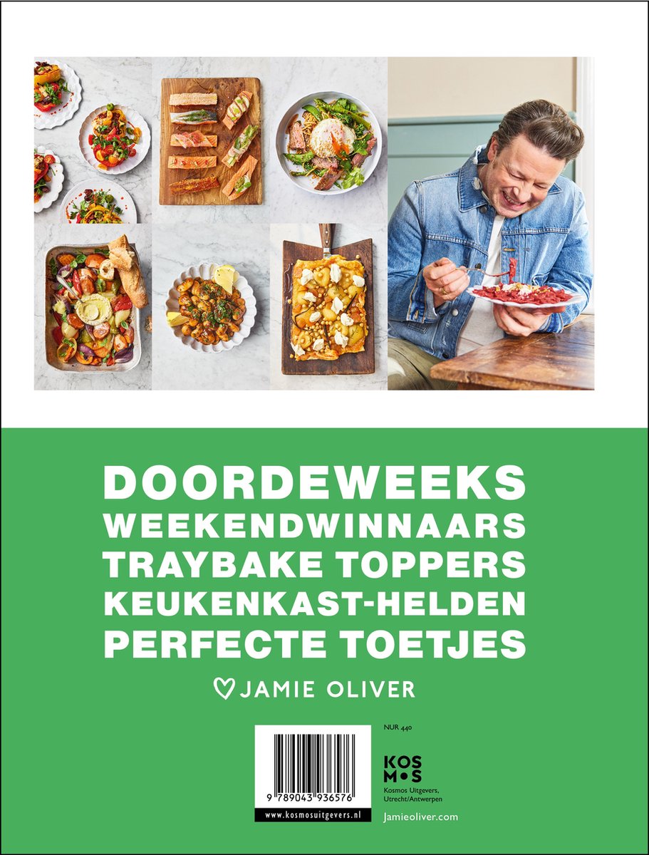 Jamie Oliver kookboek met acht foto's van maaltijden en Jamie die eet.