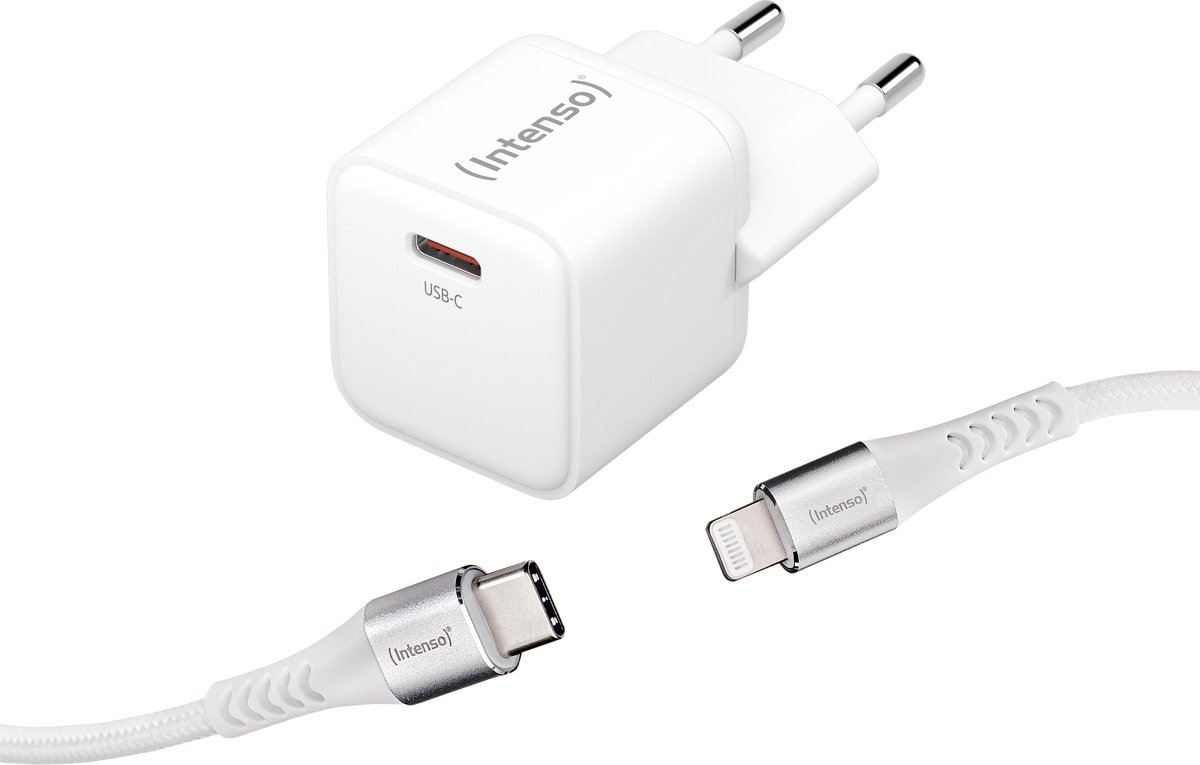 (Intenso) W30C 30W USB-C GaN lichtnetadapter + C315L USB-C naar Lightning bundel - wit