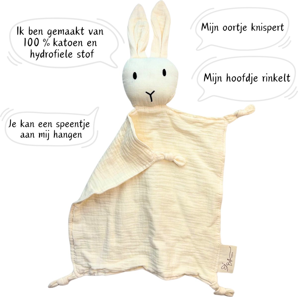 Bella Sofia® - Soof het Knuffelkonijn – Knuffeldoekje Wit / Crème – Biologisch Katoenen Hydrofiel Speendoekje – Perfect Kraamcadeau – Babyshower Cadeau – Veilig Baby Speelgoed — afbeelding 2