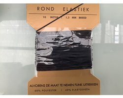 Rond elastiek. zwart. 1,3mm. dik. 10meter lang. wvsa.nl. 60%polyester. 40% elastodien