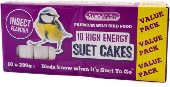 Paarse verpakking met 10 insectensmaak vetblokken. Gemaakt voor wilde vogels. "10 HIGH ENERGY SUET CAKES".
