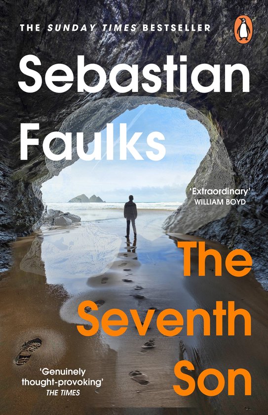 La couverture de 'The Seventh Son' par Sebastian Faulks montre un homme debout seul sur une plage, regardant la mer, avec des empreintes de pas dans le sable.