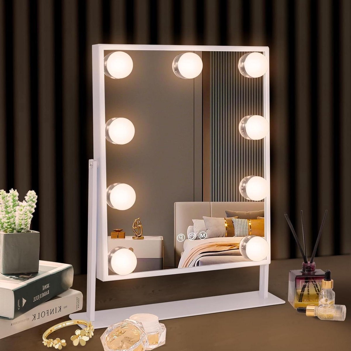Makeup Mirror with Lights - Wireless Charging Station - Hollywood Style - 3 Colors Light & 9 Dimmable LED Bulbs - 360 Degree Rotation