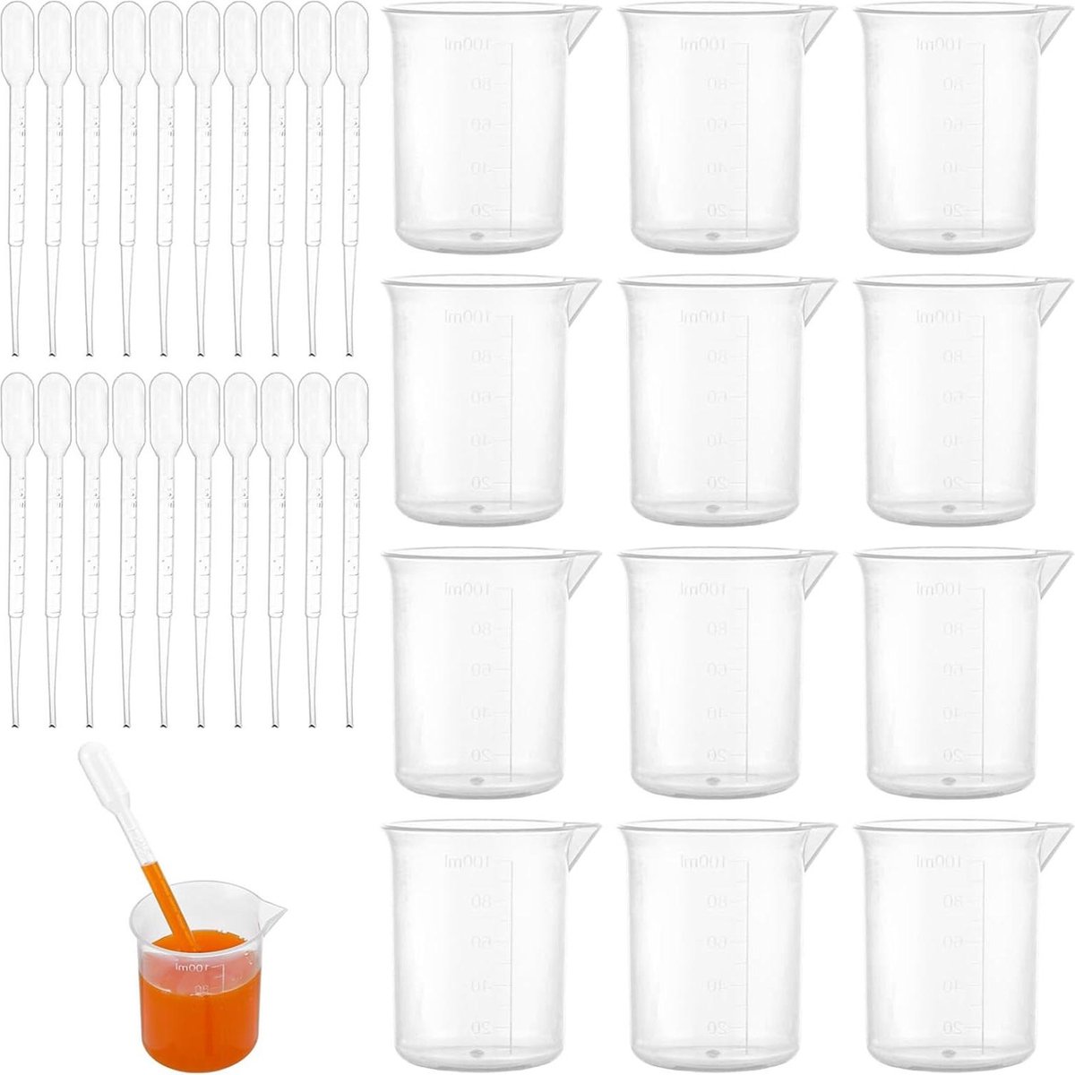 Set 50-delige maatbekers 100 ml + 100 pipetten 2 ml Anti-aanbak Plastic Precisiemaatbeker Transparant 68 x 55 x 48 cm