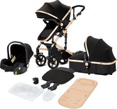 Bol.com Luxe 3-in-1 Kinderwagen - Wandelwagen - Autostoeltje - Buggy - Reiswieg - Inklapbaar - 0-36 Maanden - Zwart/Goud aanbieding