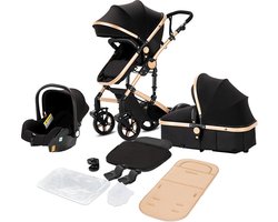 Luxe 3-in-1 Kinderwagen - Wandelwagen - Autostoeltje - Buggy - Reiswieg - Inklapbaar - 0-36 Maanden - Zwart/Goud