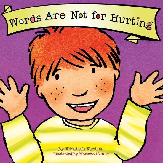 Omslag van het boek 'Words Are Not for Hurting', met een lachende jongen met rood haar.