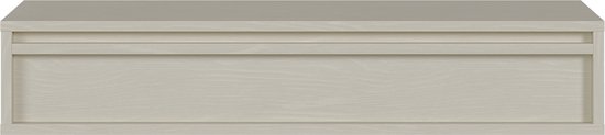 Zandbeige wandconsole met zichtbaar houtnerfpatroon en een ladefront met horizontale lijnen.