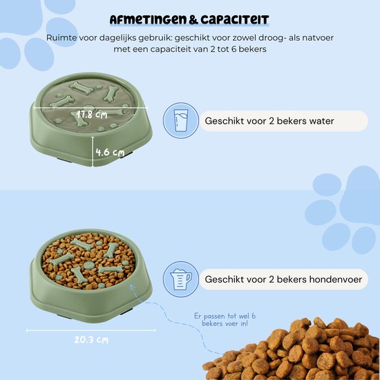 Afmetingen van een groene slowfeeder voerbak voor honden, met droog- en natvoer.