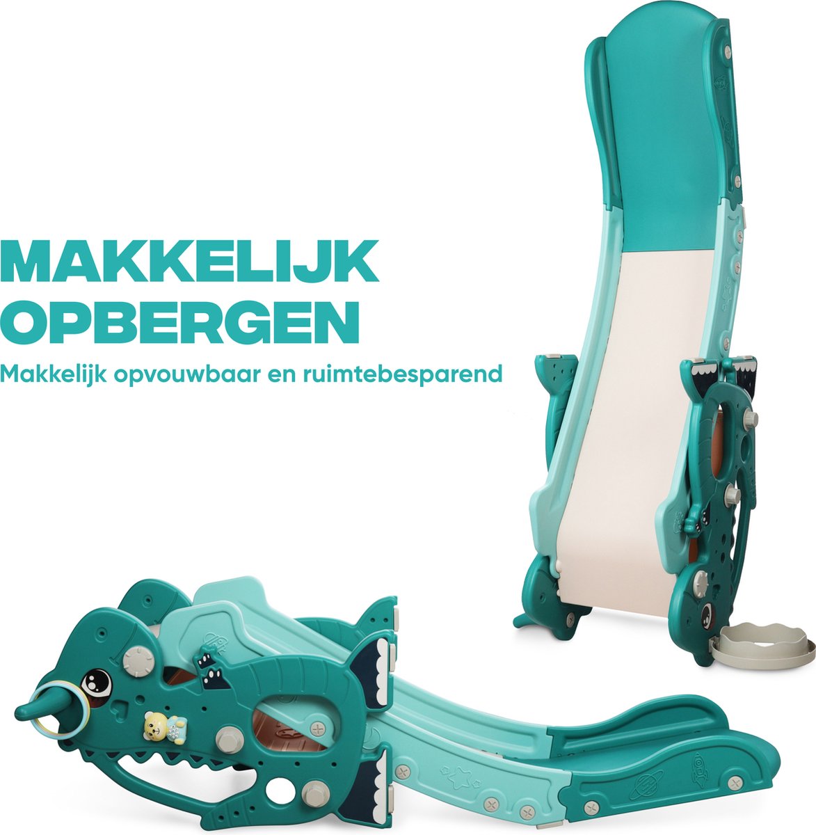 Rockerz Premium Glijbaan - Voor binnen en buiten - Speelplezier gegarandeerd - Opvouwbaar - Veilige dichte trap - Ringen spel - Basketbal ring (inclusief bal) - Muziek beertje - Kleur: Groen — afbeelding 9