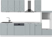 Vicco Fame- Line Meuble de cuisine complet – 300 cm avec meuble haut, évier en marbre bleu-gris clair/blanc