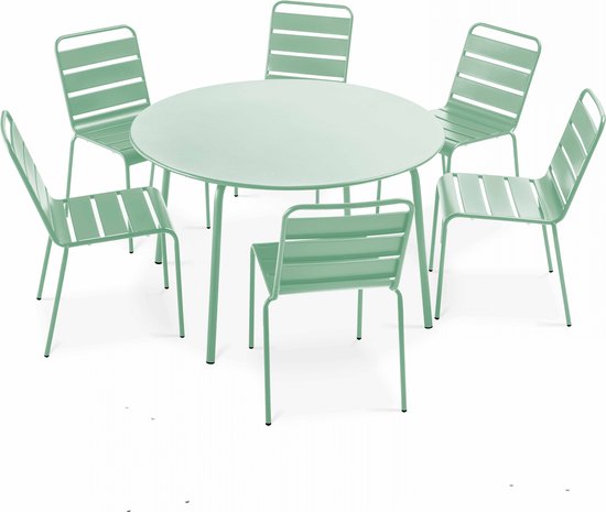 Oviala - Set table de jardin ronde et 6 chaises vert sauge - Palavas