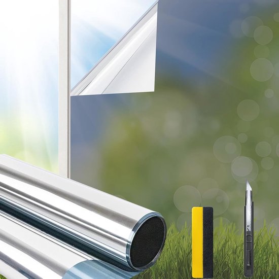 LULUETPUE Spiegelfolie, zelfklevend, zonwerende folie, raam, binnen, uv- bescherming, reflecterende raamfolie, zilver, thermische folie voor kantoor en huis, 60 x 200 cm
