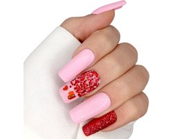 SD Press on Nails - No. 16. Love is in the Air - Plaknagels met nagellijm - Roze Rood Hartjes - Set 20 Nagels - Handmade - Lang Square - Kunstnagels - Nail Art - Handgemaakt - Gellak - Nagellak - Accessoires