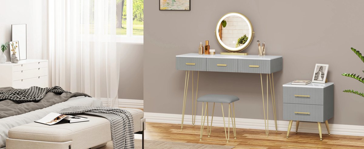 DHN Kaptafel set Met Led Verlichting - Moderne Make - up tafel - Chique Kaptafel met verlichting - Grijs met Goud Kaptafel - Make - up tafel met stoel