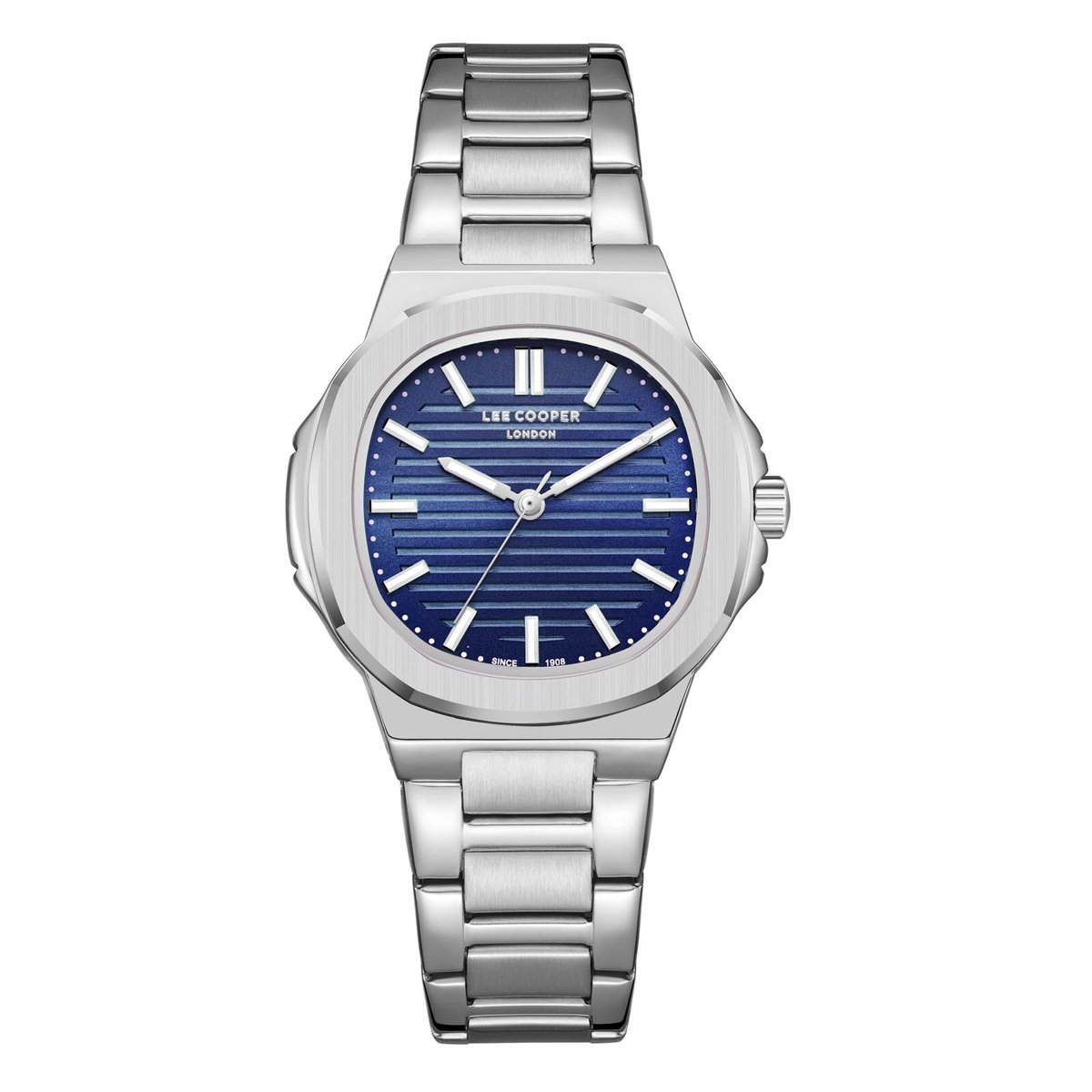 Lee Cooper LC08017.390 - Horloge - Polshorloge - Analoog - Dames - Vrouwen - stalen band - Metaal - Ovaal - Strepen - Zilverkleurig - DonkerBlauw