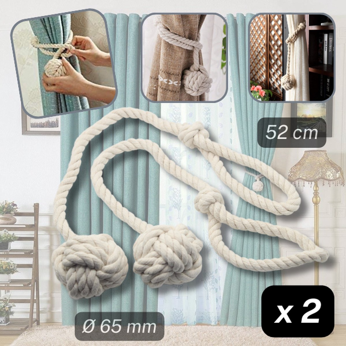 1 PAAR LUXE KATOEN GORDIJNHOUDERS/EMBRASSES GORDIJN, GORDIJNKOORD om te Knopen, Lengte 52CM, Dikte 65MM, Kleur ECRU