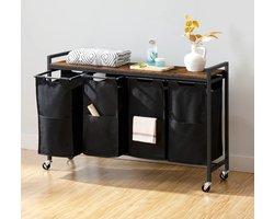 HOOBRO Wasmand met 3 waszakken - Met Plank en Haken - Bruin - Wieltjes
