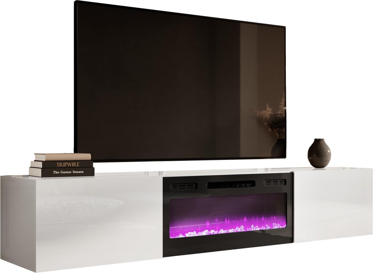 home style Zwevend Tv-meubel Slide 200 cm breed hoogglans wit met zwart sfeerhaard
