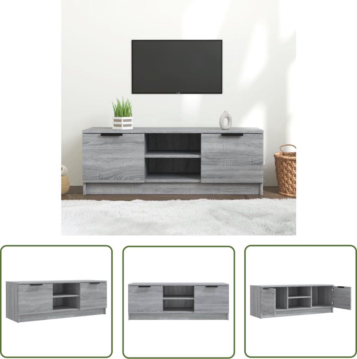The Living Store Televisiemeubel - 102 x 35 x 36.5 cm - Bewerkt hout - Grijs sonoma eiken