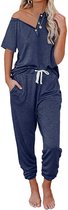 Boncy® Pyjama Set Dames Loungewear Vtop Blauw - Pyama Nachtkleding Volwassenen - Pyjamabroek Meisje - Maat M