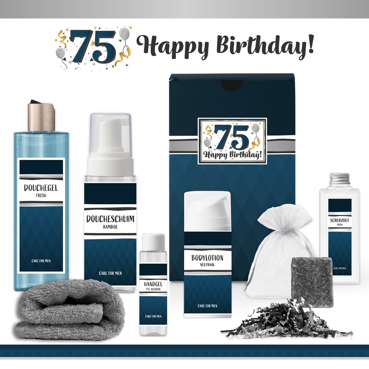 Goedkoopste Geschenkset “75 Jaar Happy Birthday!” - 7 producten - 855 gram | Giftset voor hem - Luxe wellness cadeaubox - Cadeau man Verjaardag - Gefeliciteerd Feestje - Gift Set Party - Cadeaupakket Deluxe - Collega - Verjaardagscadeau - Blauw