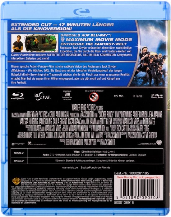 Achterkant van een Blu-ray-hoes van Sucker Punch met filminfo en cast vermeld in het Duits, Engels en Frans. Met een afbeelding van een helikopter.
