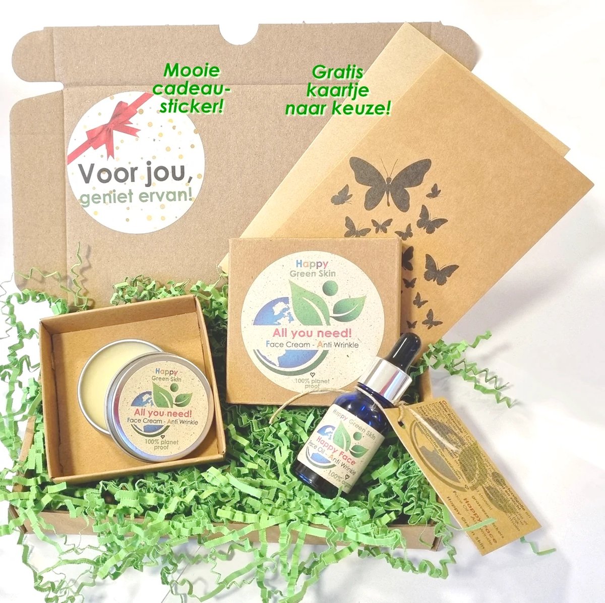 Goedkoopste Duurzaam Brievenbuspakket - Biologische Gezichtscrème en Gezichtsolie - 100 ECO - met kaartje - All you need - Happy Face - shea butter - cactusvijgolie - gepersonaliseerd - Happy Green Skin - brievenbus cadeau - gezichtolie gezicht olie - dagcreme