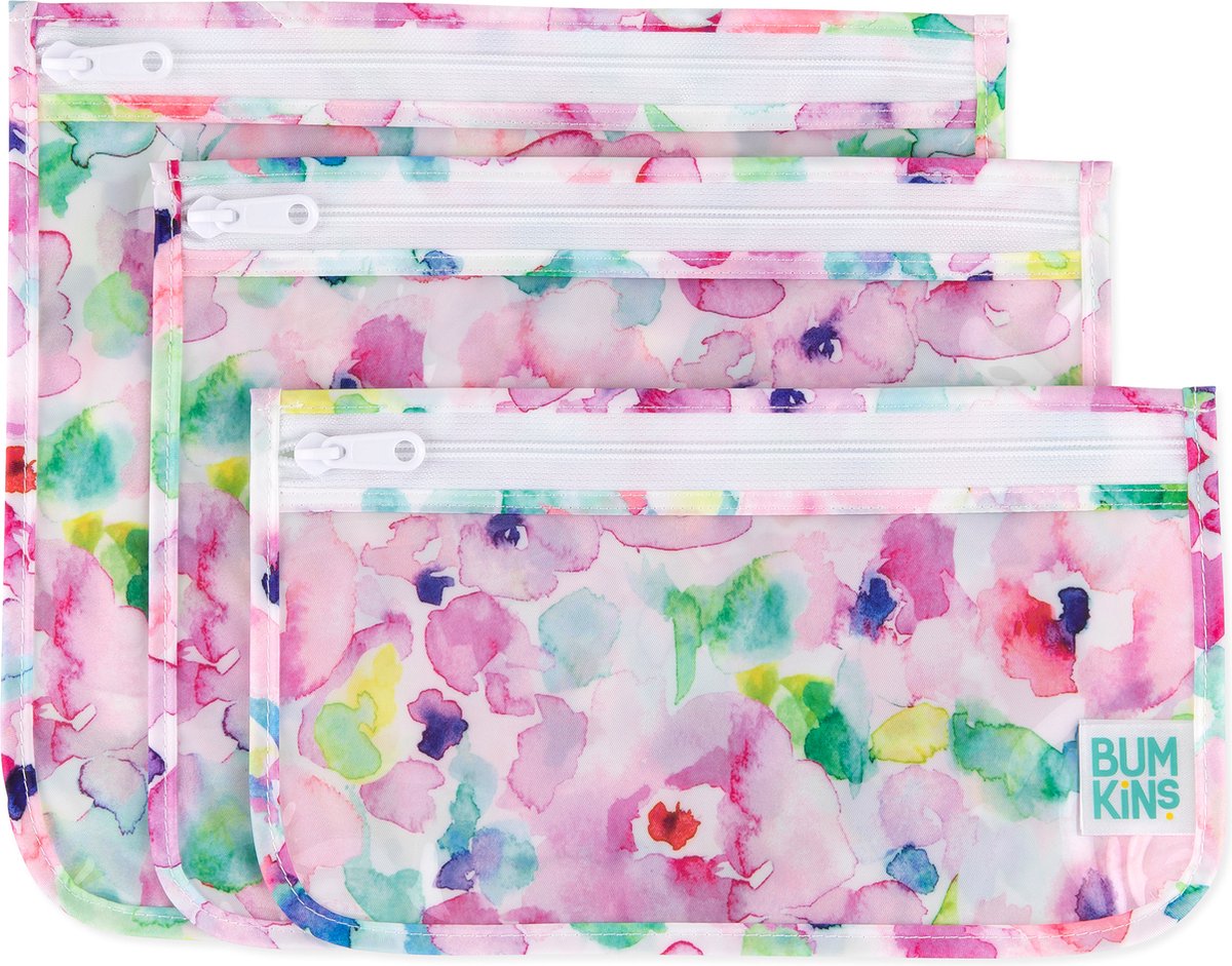 Bumkins - Clear Front Travel Bags | Reistasjes met Doorzichtig Venster (3 stuks) - Watercolor
