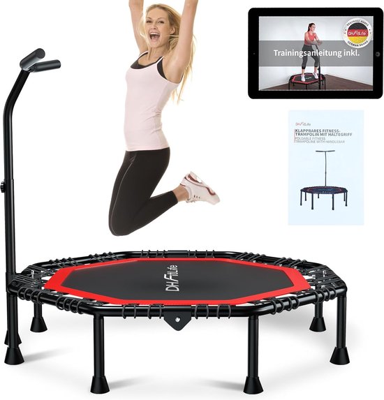 DH FitLife Fitnesstrampoline inklapbaar, stille rubberen touwvering zonder installatie, trampoline van 128 cm, voor binnen en buiten, met 3 verstelbare handgrepen
