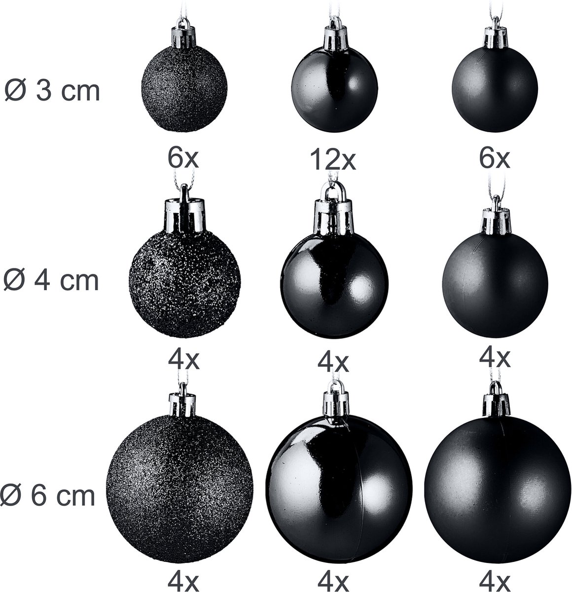 Kerstballen set van 100 - plastic - mat - glanzend - glitters - 10 designs - zwart – foto 5