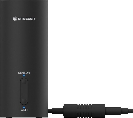 Zwarte Bresser gateway met "SENSOR" en "WI-FI" indicatielampjes en aangesloten kabel.