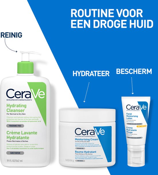 CeraVe routine voor een droge huid: reinigende lotion, hydraterende crème met pomp, en hydraterende lotion met SPF.