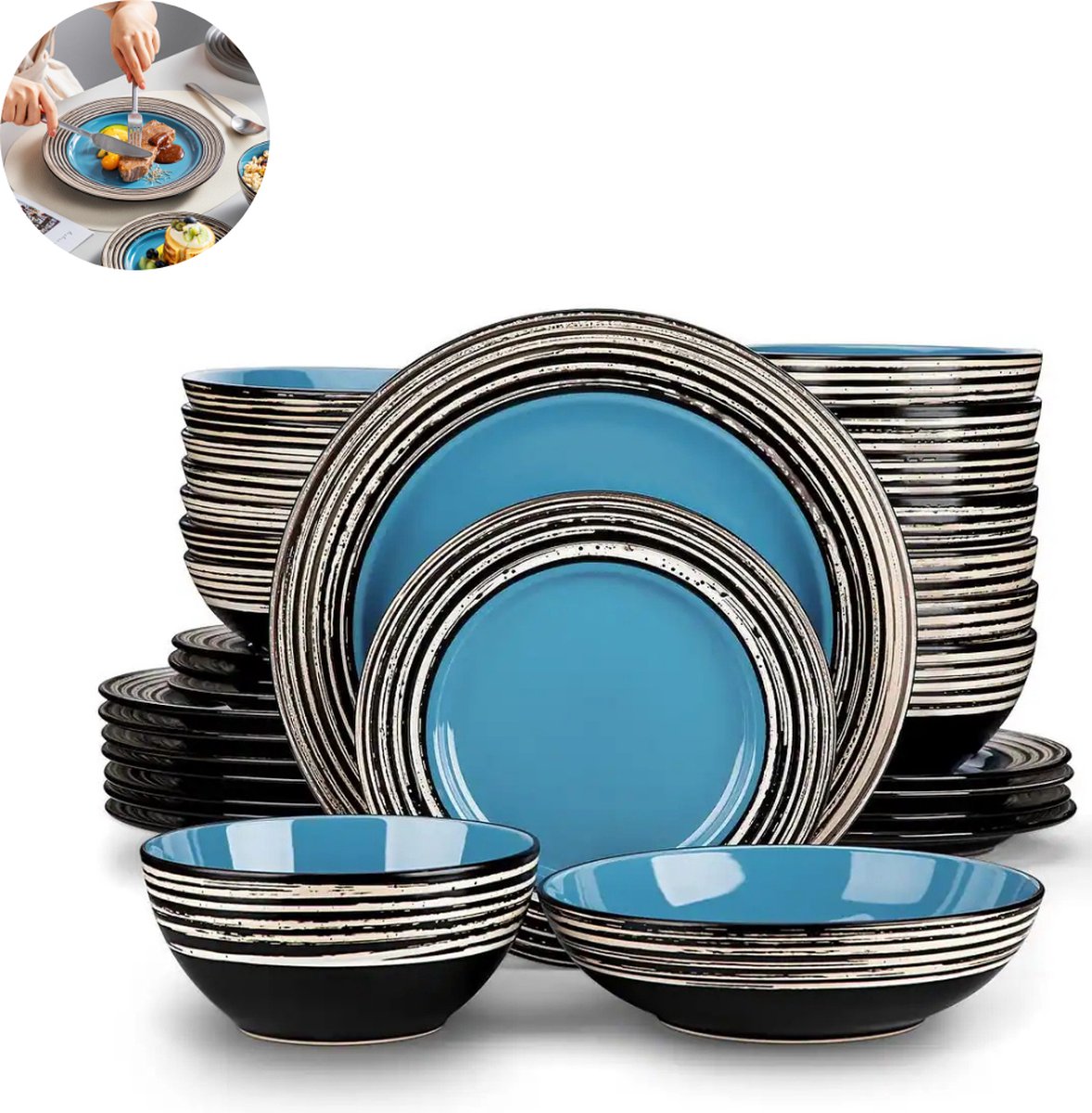 Luxe Serviesset – 32 delig – 8 persoons – Porselein - Bordenset – Dinner platen – Dessertborden - Kommen - Schaaltjes - Blauw