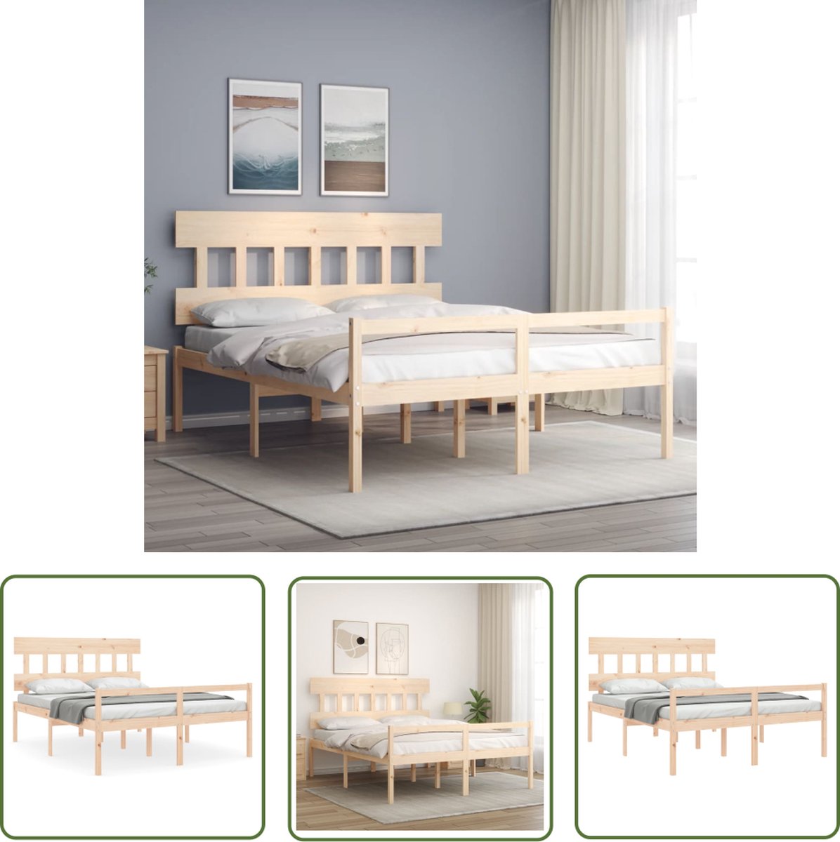 The Living Store Bed Grenenhout Massief - 205.5 x 165.5 x 81 cm - Multiplex lattenbodem