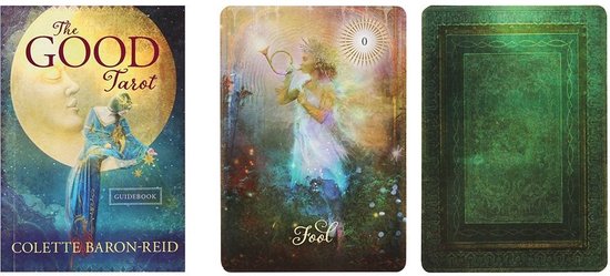Een doos met de titel 'The Good Tarot' naast een kaart getiteld 'Fool' en een groene kaart met een patroon.
